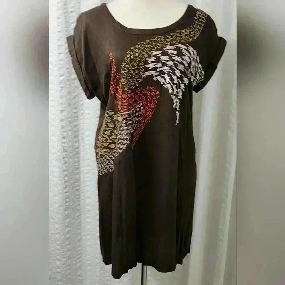 Poema Dresses & Skirts - 697h Poema Brown Embroidered Wing Shift Dress / Tunic - Size Large